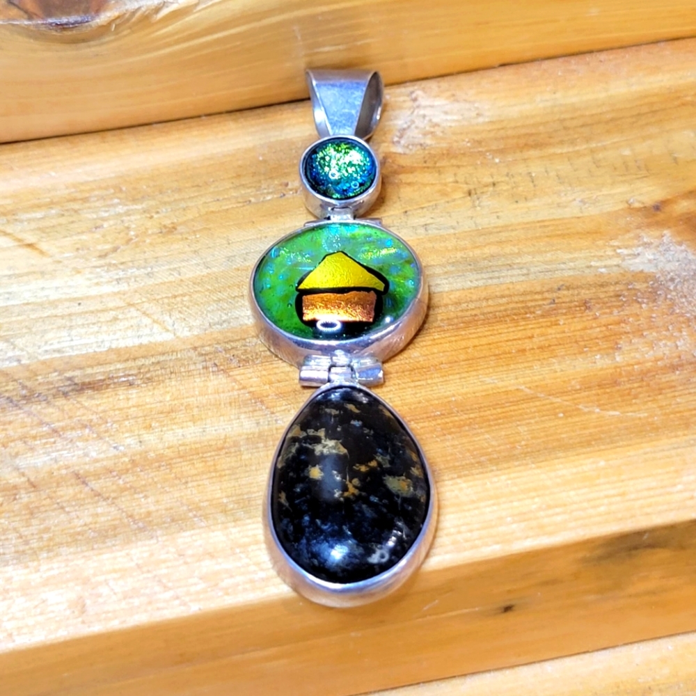 Sterling Silver, Dichroic Glass and Pyrite Gemstone Handmade Artisan Pendant